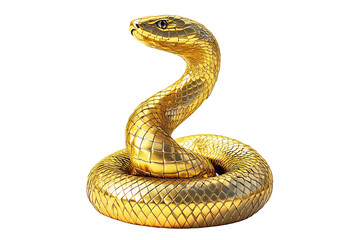 Fototapeta premium Coiled golden snake sculpture with detailed scales isolated on white transparent background, reptiles or wildlife, symbolizing Chinese Lunar New year
