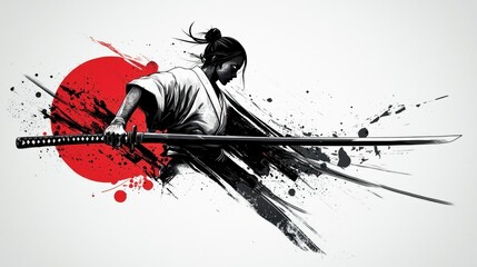 Female Samurai Warrior with Katana, Ink Splash Art