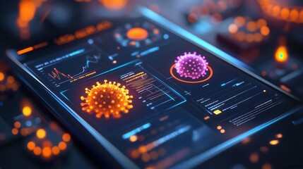 Digital Tablet Showing Virus Models And Data Visualizations