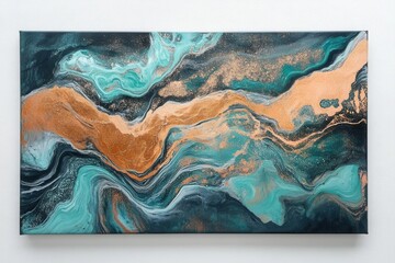 fluid art canvas with swirling copper and turquoise pigments, metallic highlights, organic flowing patterns, high contrast texture