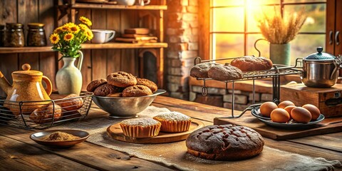 Warm Rustic Kitchen Scene with Homemade Cookies and Cakes Cooling on Rack