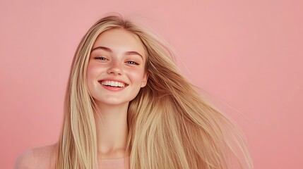 Fototapeta premium Happy blonde woman with long hair smiling against pink background.