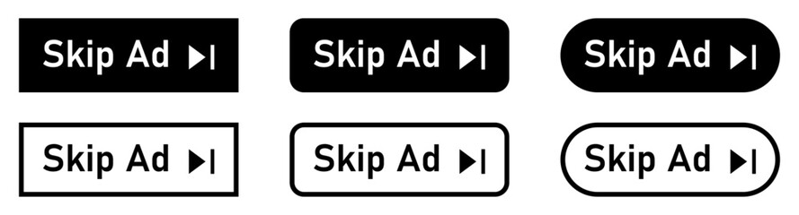 Skip ad buttons vector icon set in black color. Skip advertisement icons. Skip ad button for website. Silhouette and line style. Vector illustration.