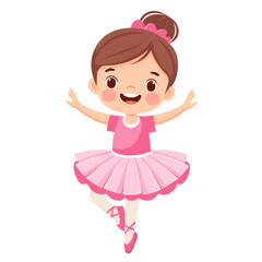 Cute little ballerina girl dancing in pink dress vector illustration in cartoon style