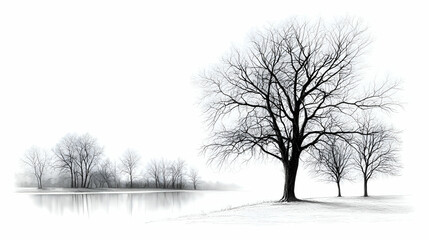 Fototapeta premium Winter Landscape with Silhouetted Trees and Water Reflection