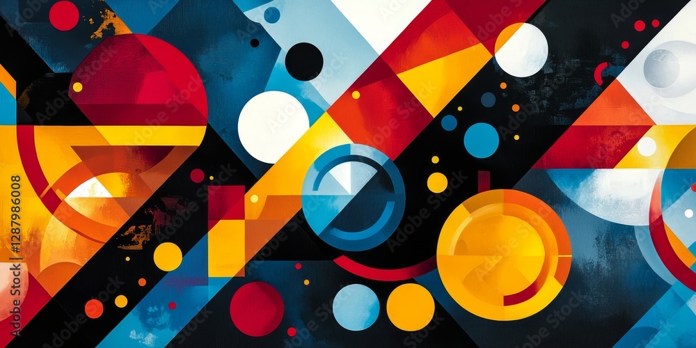 Poster abstract art of overlapping colorful triangles and circles forming a bold, dynamic composition, gene