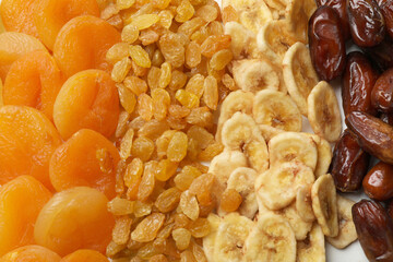 Different dried fruits as background, top view