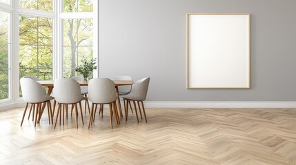Modern dining room interior design, large blank poster,  parquet flooring,  autumnal window view, home decor