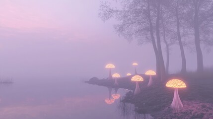 Naklejka premium Misty Lakeshore with Glowing Mushrooms and Tree Trunks at Dusk