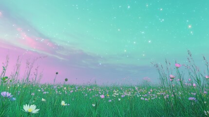 Serene Meadow Filled with Pastel Flowers Under Dreamy Skies