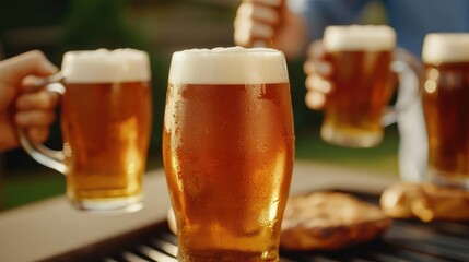 A close-up of freshly poured beer in glasses, showcasing frothy tops and a refreshing golden color. Perfect for beverage or celebration themes.
