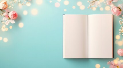 Open book with pink flowers on a teal background. Perfect for springtime or wedding themes.