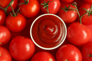 Ketchup in bowl and fresh tomatoes on red background, top view