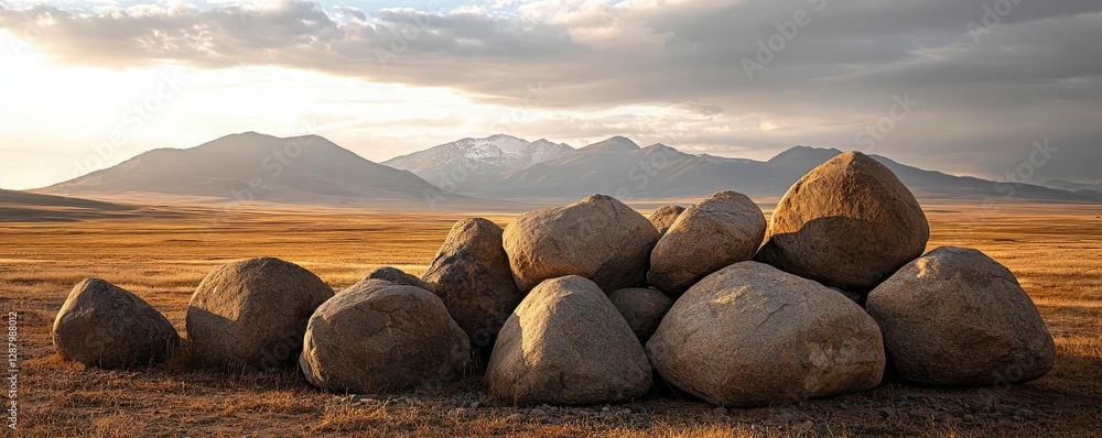 Poster weathering process concept. a scenic view of stacked rocks against a backdrop of mountains and cloud