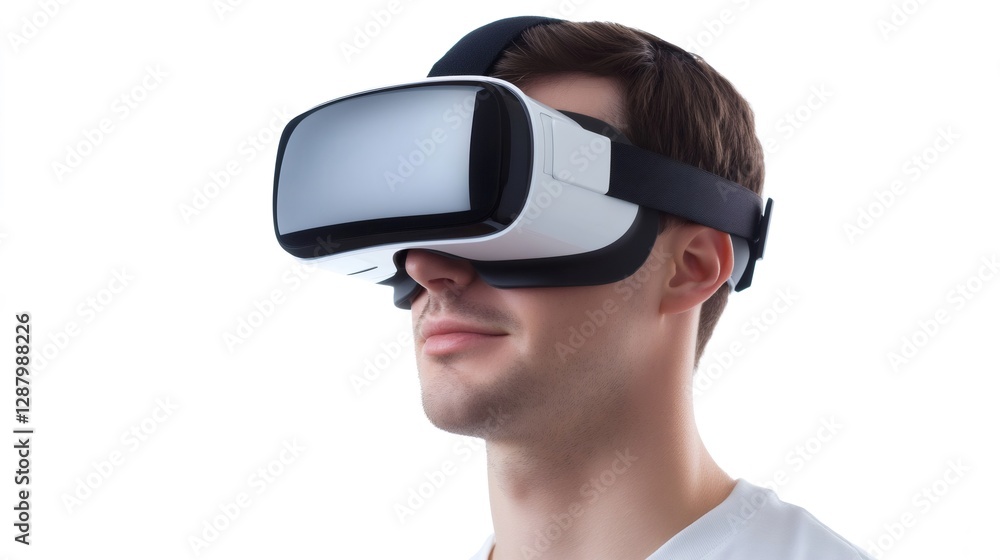 Poster man using virtual reality headset experiencing metaverse simulation