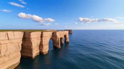 Weathering process idea. Beautiful cliffs overlooking a tranquil ocean under a clear blue sky.