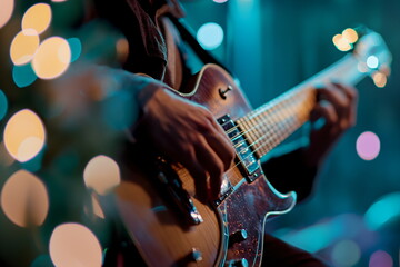 Obraz premium Guitarist playing the electric guitar on a bokeh background
