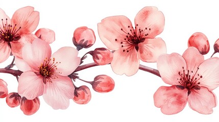 A delicate watercolor illustration of pink cherry blossoms and buds on a branch.
