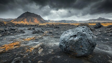 Weathering process concept. Dramatic volcanic landscape with dark rocks, mountains, and a moody atmosphere.