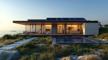Obraz premium Smart home uses solar cells, solar roof creates clean energy. Modern Coastal House with Solar Panels at Sunset