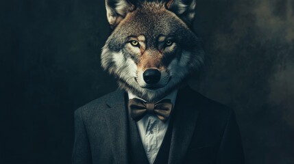 Wolf in a suit with a bowtie in a dark setting, anthropomorphic animal fashion. Surreal art and creativity concept
