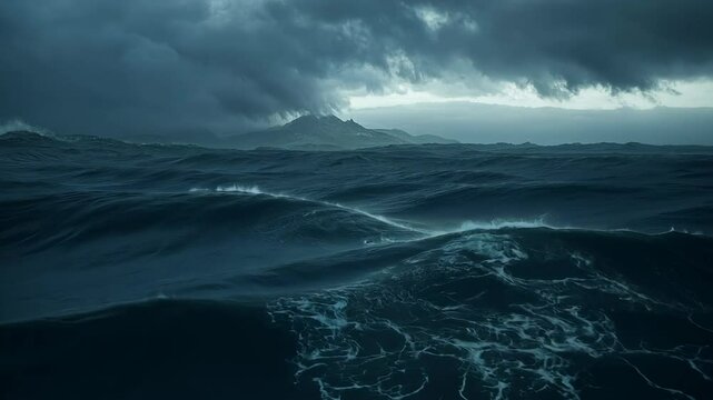 Stormy sea with dark clouds gathering over remote mountains at twilight