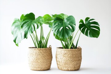A duo of monstera plants in matching eco-friendly woven baskets, arranged symmetrically for aesthetic appeal.