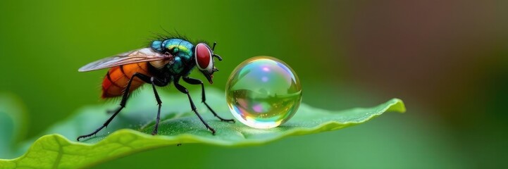 Naklejka premium A colorful fly perches on a leaf next to a bubble resting on a stem, flower, bubbles