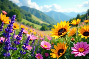 Obraz premium A colorful mix of flowers in a hillside garden, blooming, lavender, sunflowers