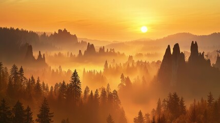 Obraz premium Enigmatic Labyrinth of Rocky Spires at Sunrise in Misty Landscape