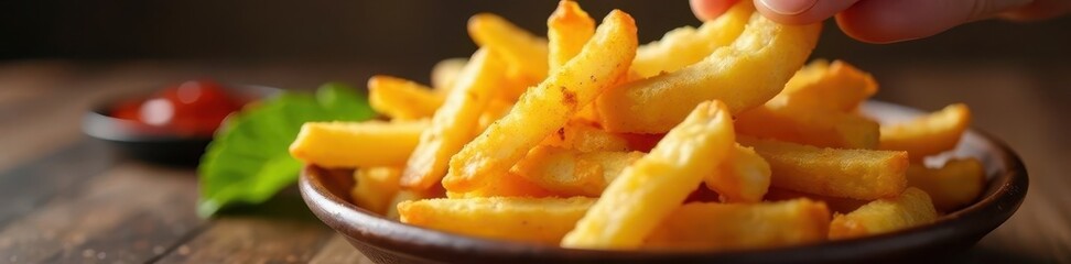 Crunchy French fries dipped into a side of ketchup sauce , plate, bowl