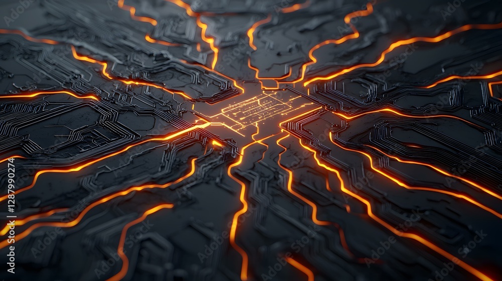 Poster the image shows a stylized circuit board with glowing orange lines resembling pathways of energy or 