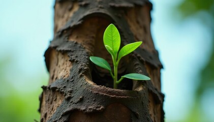 Fototapeta premium Brown palm trunk with small plant and intricate details, growth, bark, small plant