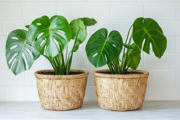 Obraz premium A duo of monstera plants in matching eco-friendly woven baskets, arranged symmetrically for aesthetic appeal.