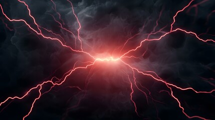 The image shows a dark, smoky background with bright red lightning bolts emanating from a central point of intense light.