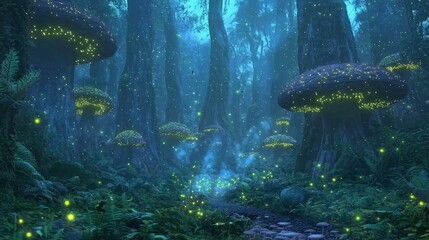 Lush Fantasy Forest with Enchanting Mushroom Caps and Fireflies