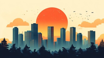 Fototapeta premium Vibrant Sunset Over City Skyline in Flat Design Vector Illustration