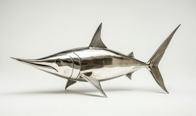 Fototapeta premium Metal swordfish sculpture on white background, ideal for marine decor