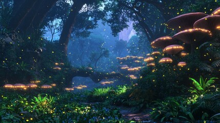 Obraz premium Lush Forest with Broad Caps Mushrooms Illuminated by Fireflies