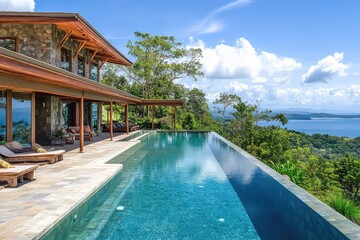 Fototapeta premium A luxurious sustainable villa with an infinity pool, featuring an off-grid energy system and eco-friendly construction materials.