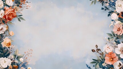 Soft pastel floral border with peach and white flowers on a light blue background. Perfect for invitations or announcements.