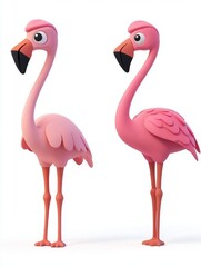 Cartoon flamingos, side-by-side, white background