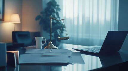 A corporate lawyer reviewing compliance for money laundering prevention in a modern office. Featuring expertise and attention to detail