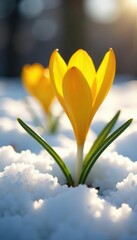 Fototapeta premium Delicate yellow petals unfurl from snowy ground, crocus, sunlight
