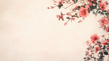 Delicate pink flowers gracefully frame a soft beige background, creating a serene and romantic image.