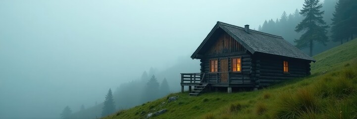 Obraz premium Dense fog wraps around the cabin's wooden exterior, slope, greenery, rustic