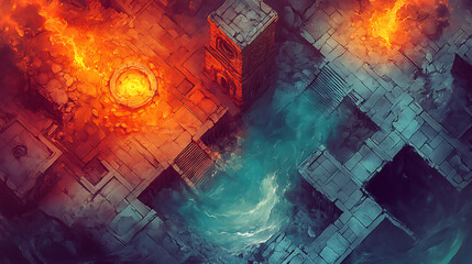 Abstract Isometric City Map in Fiery Red and Icy Blue Tones with Pixelated Geometric Structures