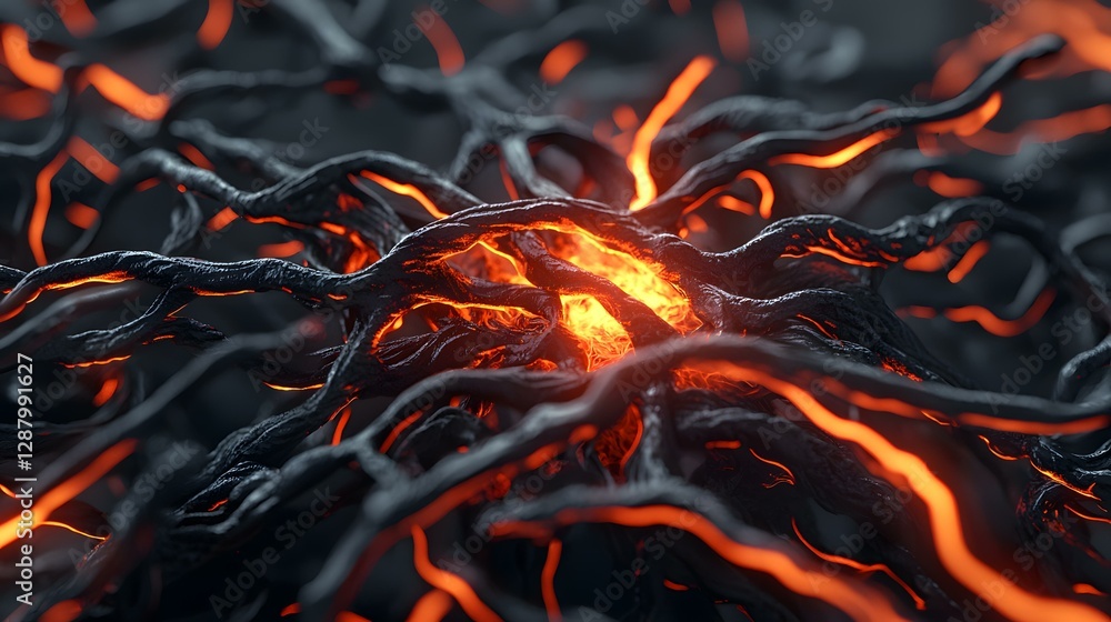 Poster the image shows a close-up view of glowing orange lava flowing through a network of dark, intertwini