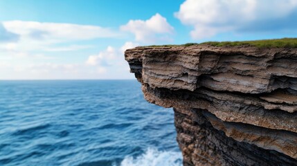 Weathering process idea. Scenic view of a rocky cliff overlooking a calm ocean under a bright sky.