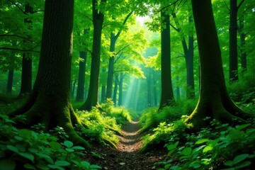 Fototapeta premium Dense foliage in a forest of trees with thick green netting, forest, natural, leafy